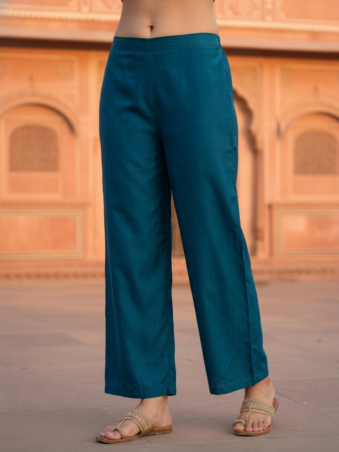 Blue Solid Crepe Straight Kurta Set with Floral Hand Embroidery & Sequins, V-Neck, Muslin Silk Palazzo & Solid Muslin Silk Taping Dupatta