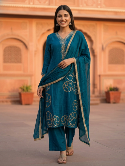 Blue Solid Crepe Straight Kurta Set with Floral Hand Embroidery & Sequins, V-Neck, Muslin Silk Palazzo & Solid Muslin Silk Taping Dupatta