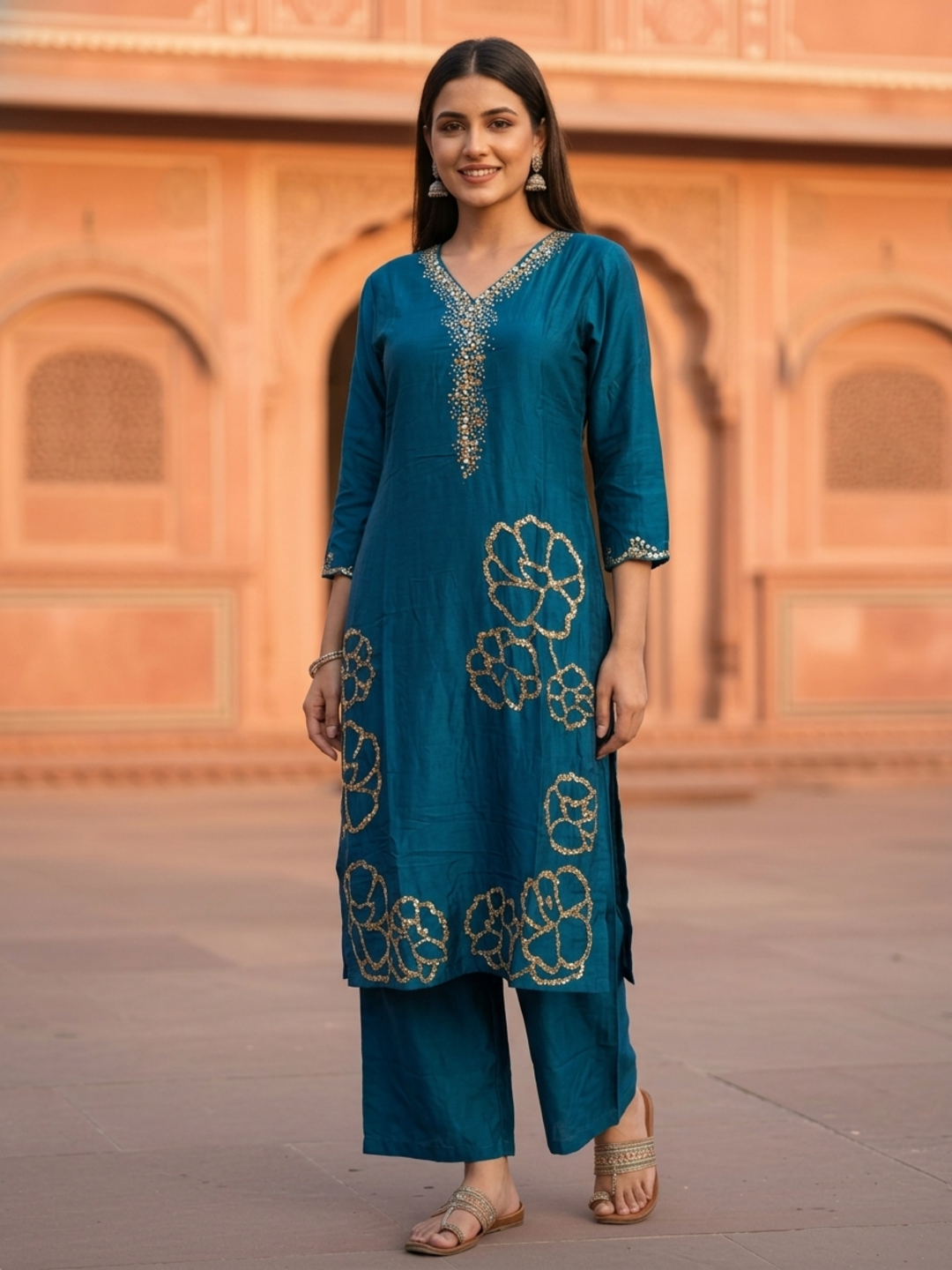 Blue Solid Crepe Straight Kurta Set with Floral Hand Embroidery & Sequins, V-Neck, Muslin Silk Palazzo & Solid Muslin Silk Taping Dupatta
