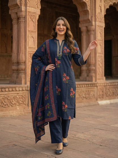 Navy Blue Floral Printed Cotton Straight Kurta Set with Kantha Work, Mandarin Collar, Palazzo & Printed Pure Cotton Dupatta