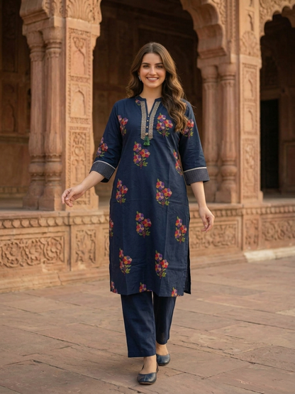 Navy Blue Floral Printed Cotton Straight Kurta Set with Kantha Work, Mandarin Collar, Palazzo & Printed Pure Cotton Dupatta