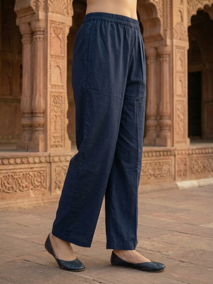 Navy Blue Floral Printed Cotton Straight Kurta Set with Kantha Work, Mandarin Collar, Palazzo & Printed Pure Cotton Dupatta