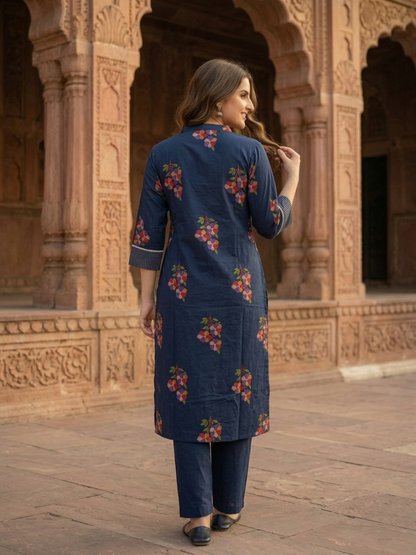 Navy Blue Floral Printed Cotton Straight Kurta Set with Kantha Work, Mandarin Collar, Palazzo & Printed Pure Cotton Dupatta