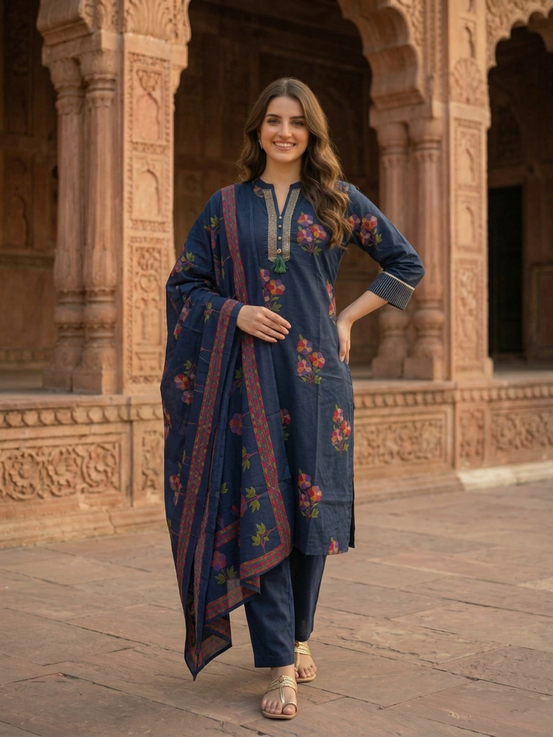 Navy Blue Floral Printed Cotton Straight Kurta Set with Kantha Work, Mandarin Collar, Palazzo & Printed Pure Cotton Dupatta