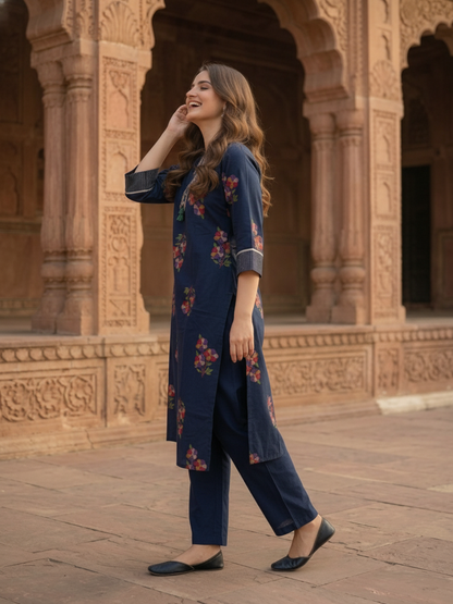 Navy Blue Floral Printed Cotton Straight Kurta Set with Kantha Work, Mandarin Collar, Palazzo & Printed Pure Cotton Dupatta