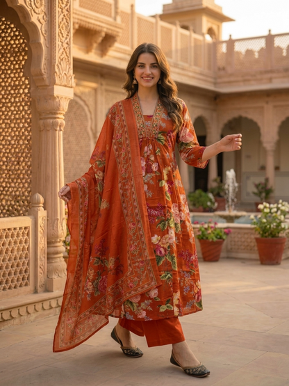 Rust Orange Floral Printed Cotton Anarkali Kurta Set with Zari & Thread Embroidery, Shawl Collar, Palazzo & Printed Pure Cotton Dupatta