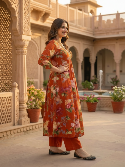 Rust Orange Floral Printed Cotton Anarkali Kurta Set with Zari & Thread Embroidery, Shawl Collar, Palazzo & Printed Pure Cotton Dupatta