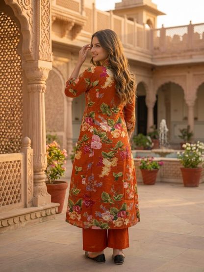 Rust Orange Floral Printed Cotton Anarkali Kurta Set with Zari & Thread Embroidery, Shawl Collar, Palazzo & Printed Pure Cotton Dupatta