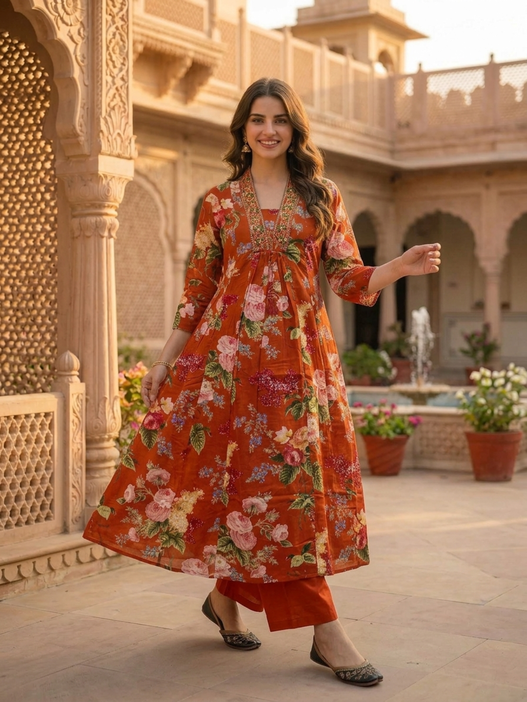 Rust Orange Floral Printed Cotton Anarkali Kurta Set with Zari & Thread Embroidery, Shawl Collar, Palazzo & Printed Pure Cotton Dupatta