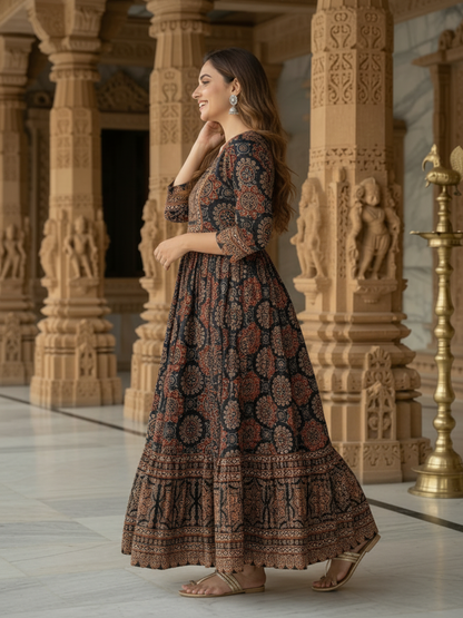 Black Floral Cotton Tiered Maxi Dress with Bead & Sequin Embroidery