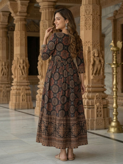 Black Floral Cotton Tiered Maxi Dress with Bead & Sequin Embroidery