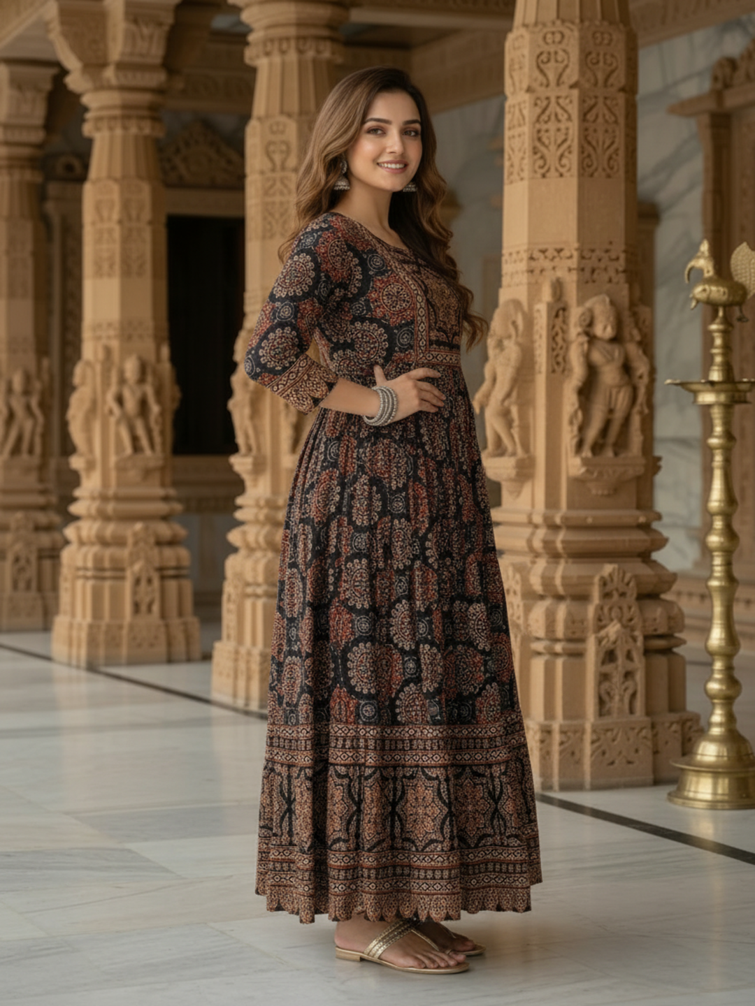 Black Floral Cotton Tiered Maxi Dress with Bead & Sequin Embroidery