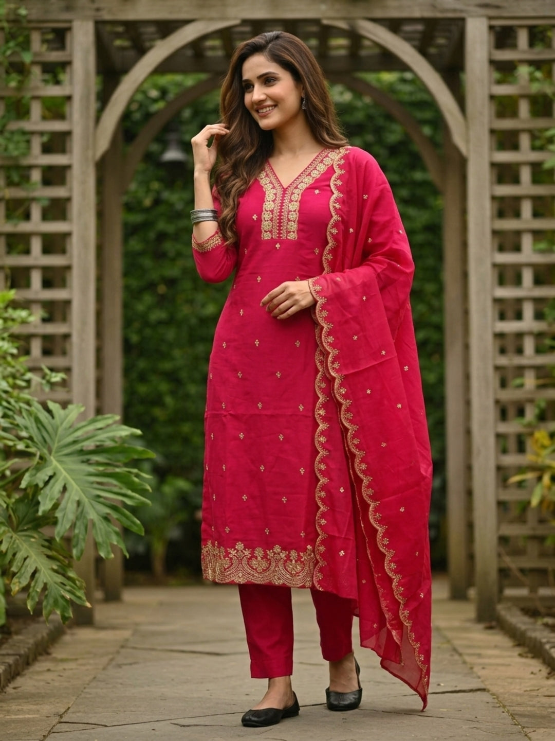 Rani Pink Muslin Silk Kurta Set with Zari & Sequin Embroidery, Pants & Scalloped Dupatta