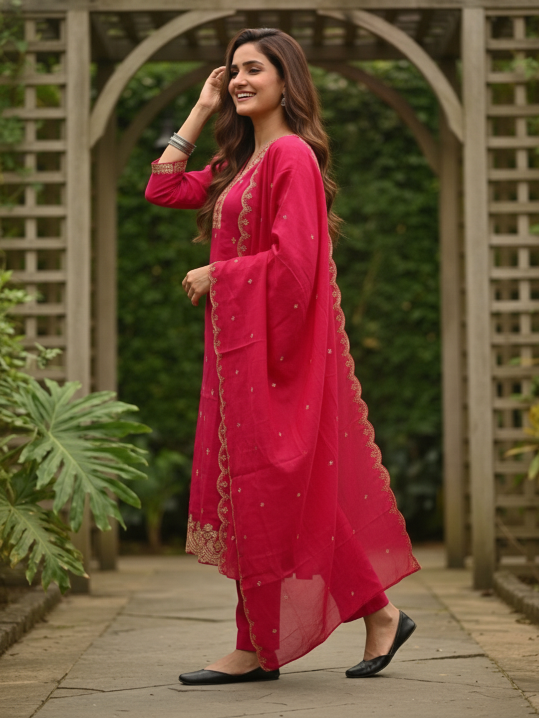 Rani Pink Muslin Silk Kurta Set with Zari & Sequin Embroidery, Pants & Scalloped Dupatta