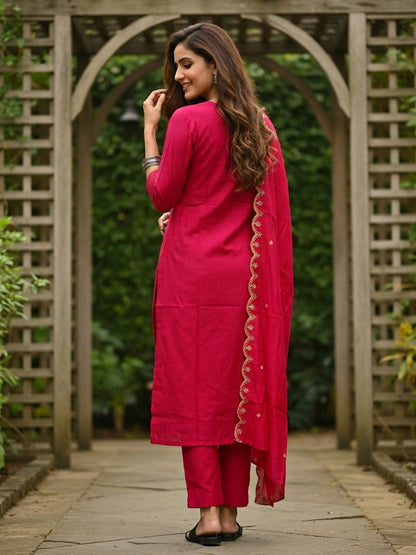 Rani Pink Muslin Silk Kurta Set with Zari & Sequin Embroidery, Pants & Scalloped Dupatta