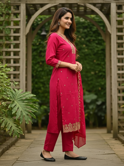 Rani Pink Muslin Silk Kurta Set with Zari & Sequin Embroidery, Pants & Scalloped Dupatta