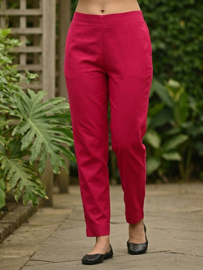 Rani Pink Muslin Silk Kurta Set with Zari & Sequin Embroidery, Pants & Scalloped Dupatta