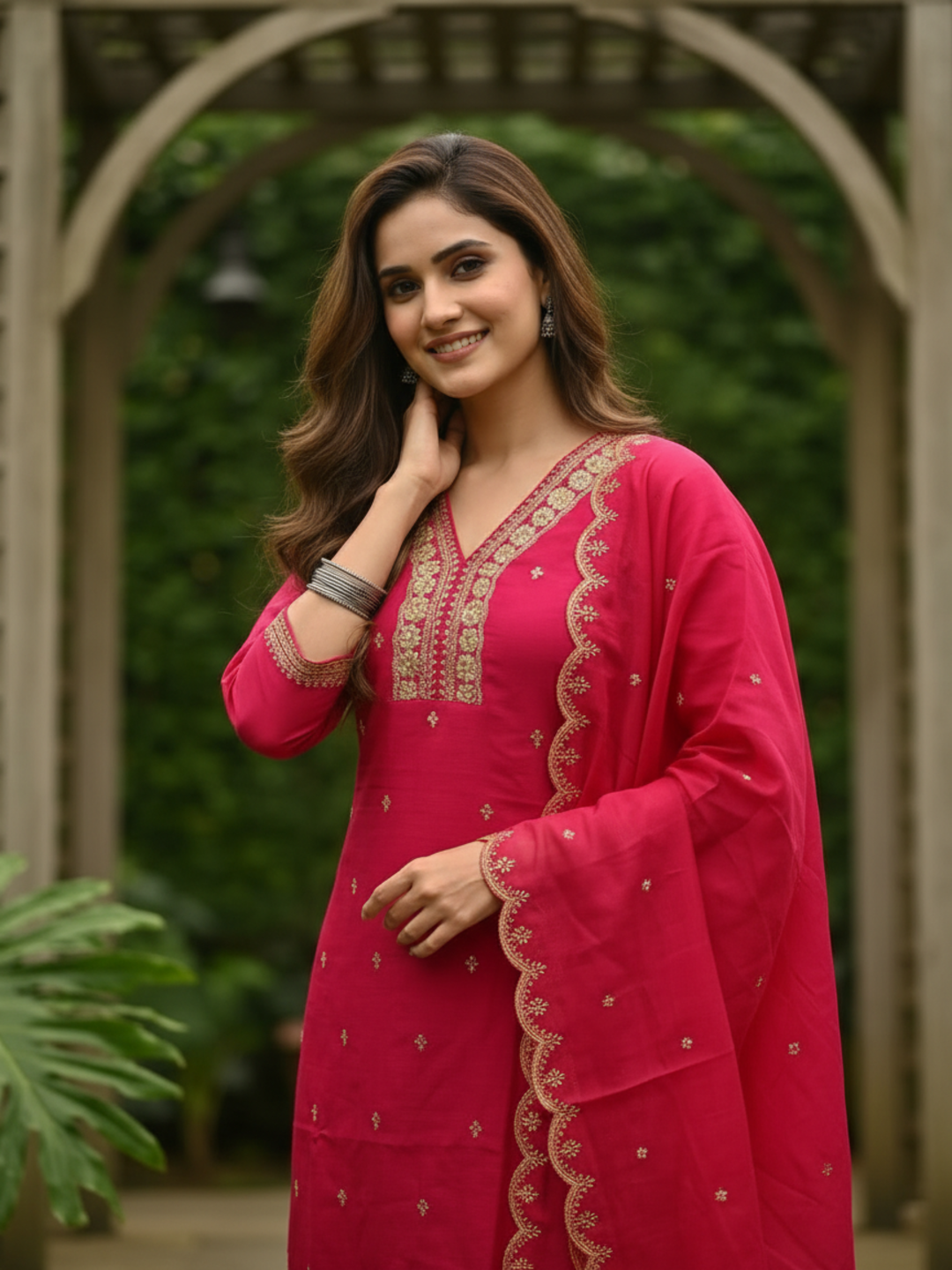 Rani Pink Muslin Silk Kurta Set with Zari & Sequin Embroidery, Pants & Scalloped Dupatta