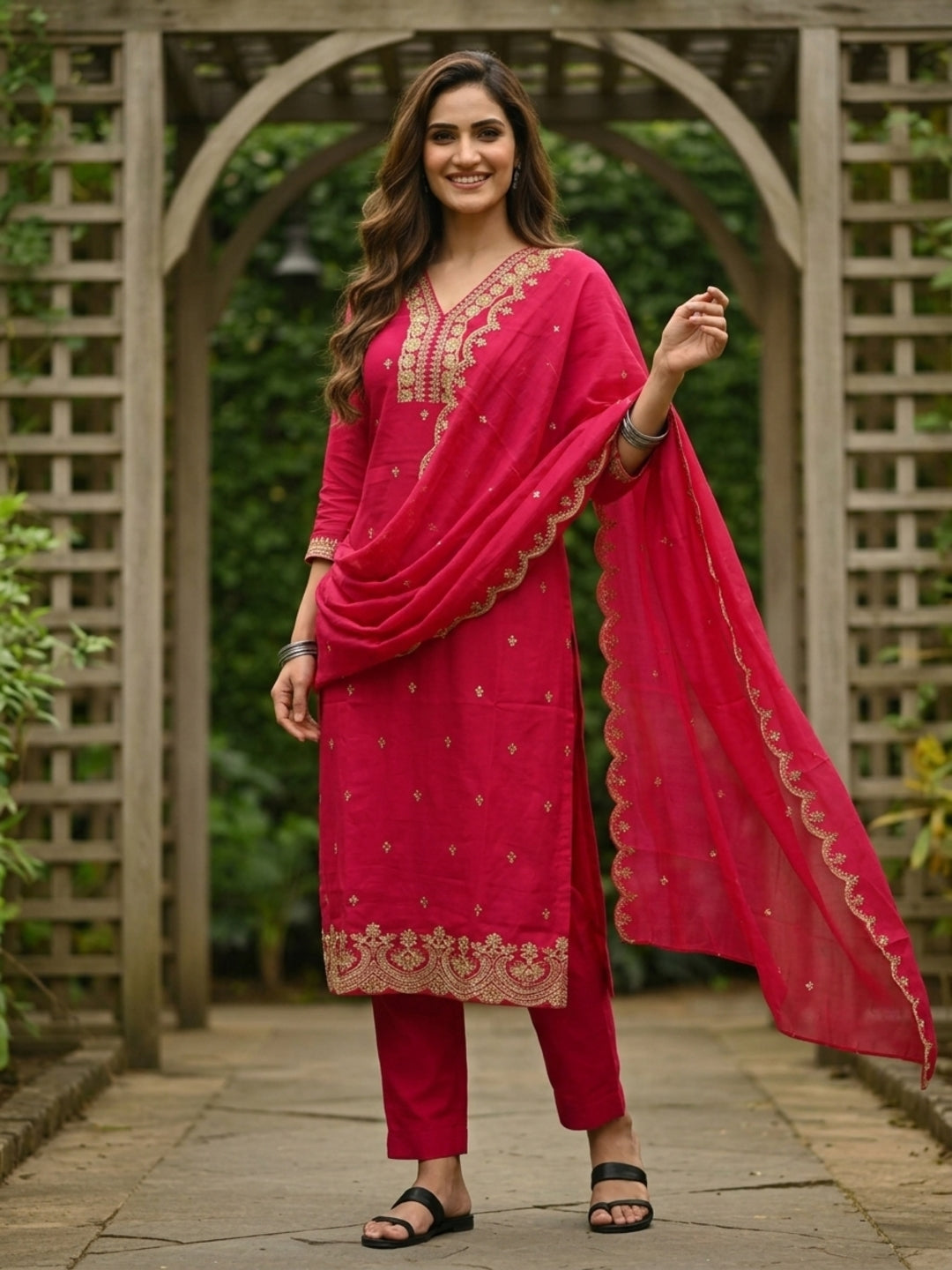 Rani Pink Muslin Silk Kurta Set with Zari & Sequin Embroidery, Pants & Scalloped Dupatta