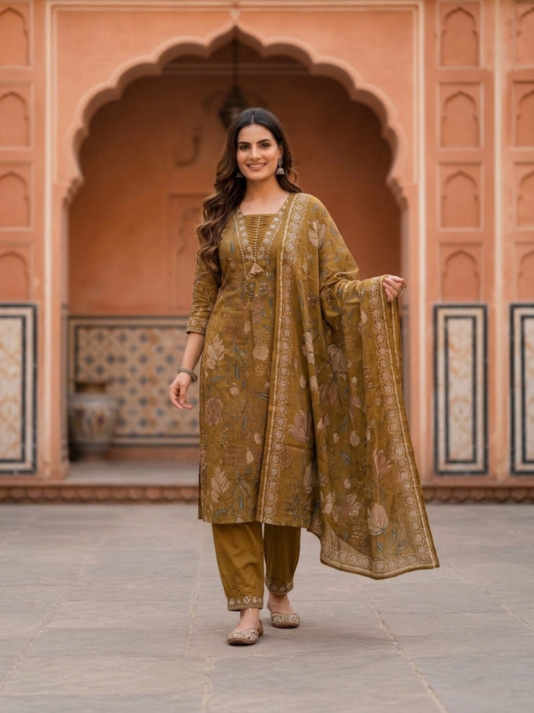 Mehendi Green Floral Muslin Silk Kurta Set with Mirror Work & Embroidery, Pant & Printed Dupatta
