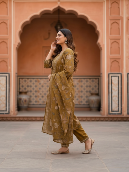 Mehendi Green Floral Muslin Silk Kurta Set with Mirror Work & Embroidery, Pant & Printed Dupatta