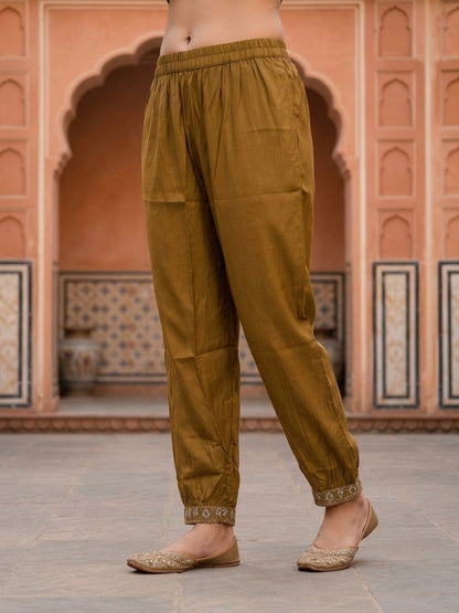 Mehendi Green Floral Muslin Silk Kurta Set with Mirror Work & Embroidery, Pant & Printed Dupatta
