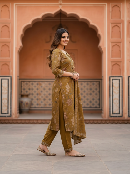 Mehendi Green Floral Muslin Silk Kurta Set with Mirror Work & Embroidery, Pant & Printed Dupatta