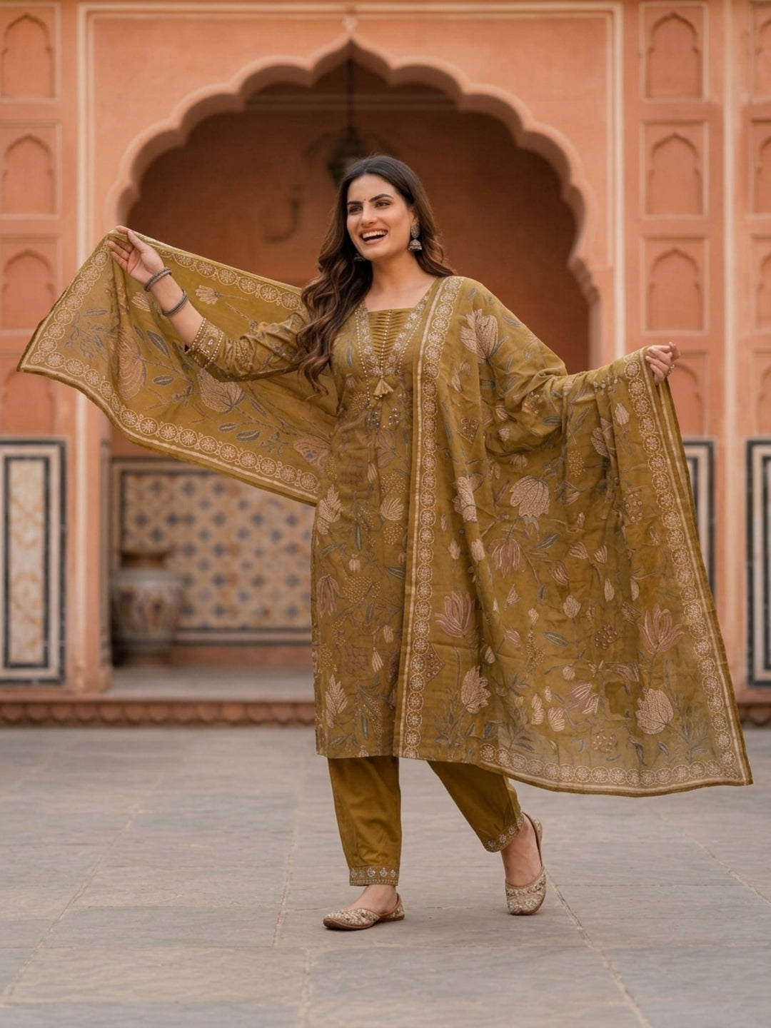 Mehendi Green Floral Muslin Silk Kurta Set with Mirror Work & Embroidery, Pant & Printed Dupatta