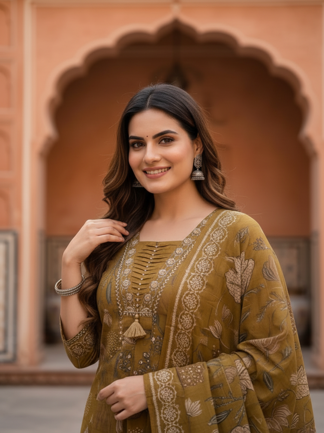 Mehendi Green Floral Muslin Silk Kurta Set with Mirror Work & Embroidery, Pant & Printed Dupatta