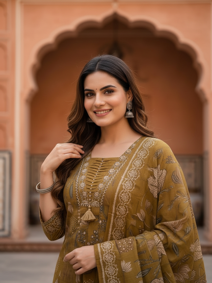 Mehendi Green Floral Muslin Silk Kurta Set with Mirror Work & Embroidery, Pant & Printed Dupatta