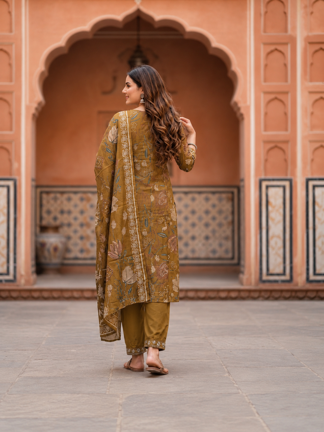Mehendi Green Floral Muslin Silk Kurta Set with Mirror Work & Embroidery, Pant & Printed Dupatta