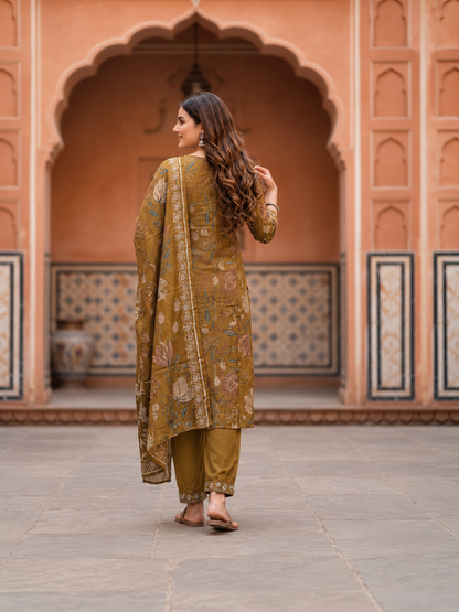 Mehendi Green Floral Muslin Silk Kurta Set with Mirror Work & Embroidery, Pant & Printed Dupatta
