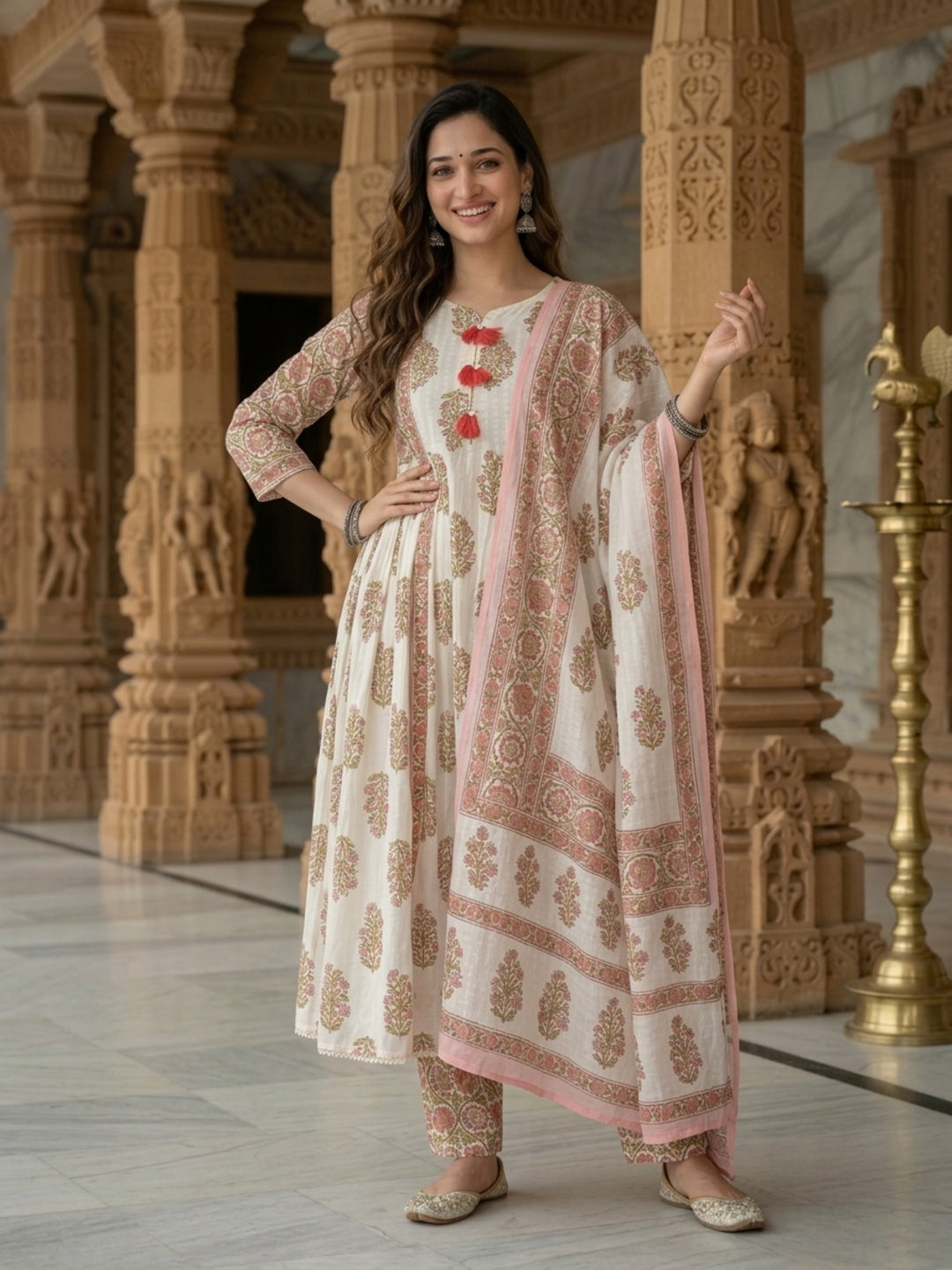 Pink Floral Cotton Gathered Kurta Set with Sequin Work, Pant & Printed Dupatta