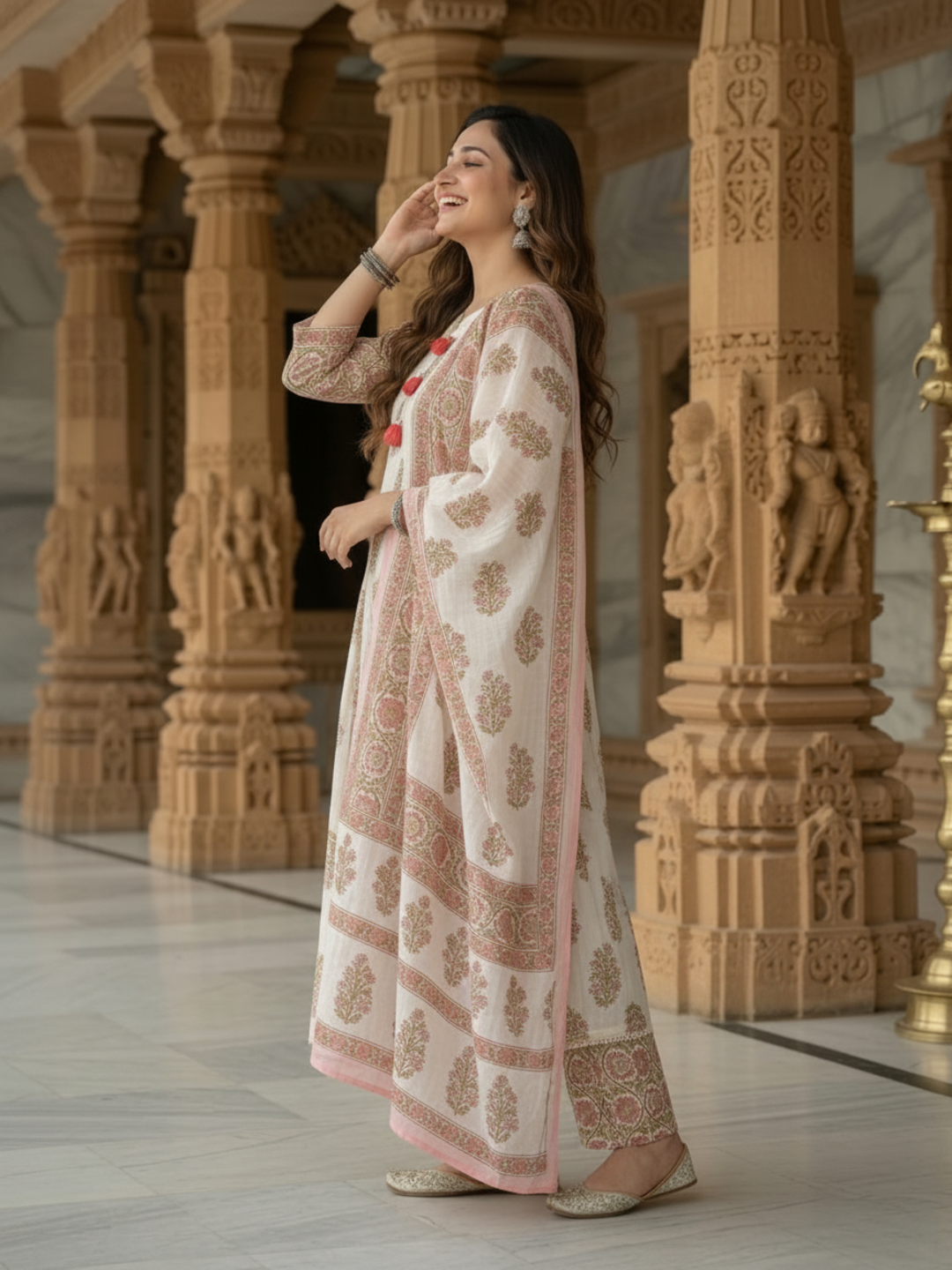 Pink Floral Cotton Gathered Kurta Set with Sequin Work, Pant & Printed Dupatta