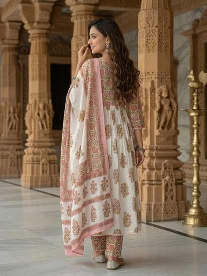 Pink Floral Cotton Gathered Kurta Set with Sequin Work, Pant & Printed Dupatta