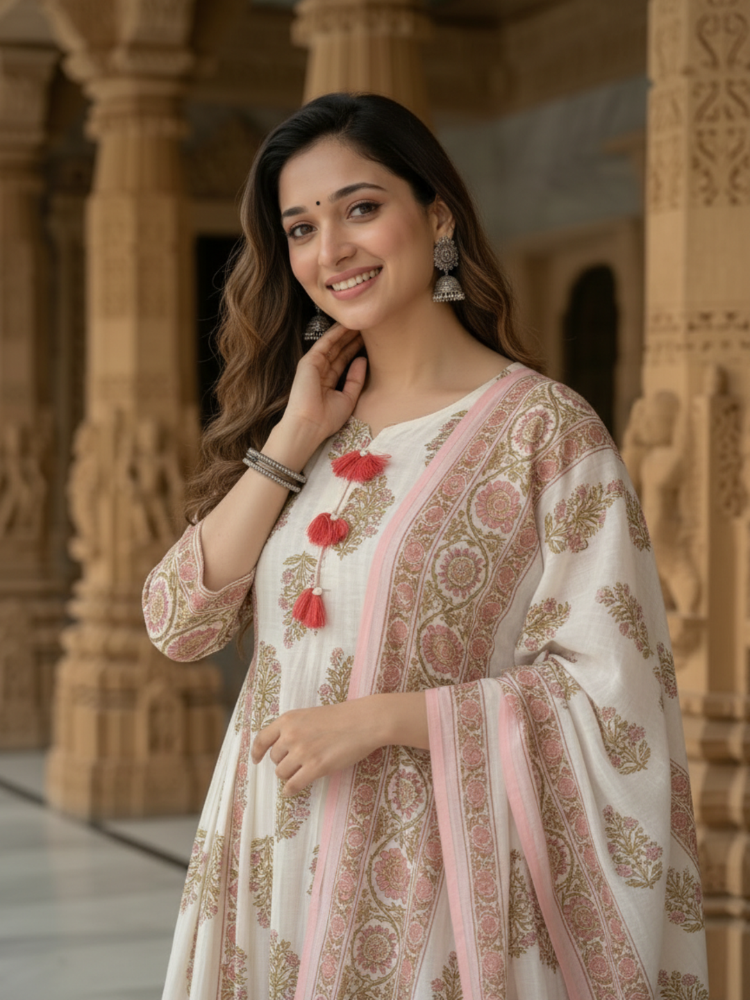Pink Floral Cotton Gathered Kurta Set with Sequin Work, Pant & Printed Dupatta