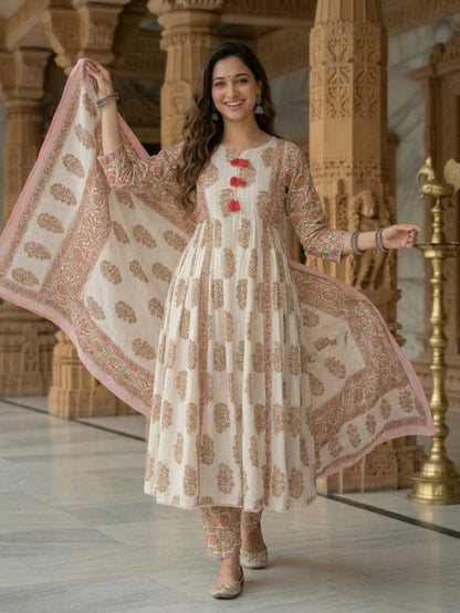 Pink Floral Cotton Gathered Kurta Set with Sequin Work, Pant & Printed Dupatta