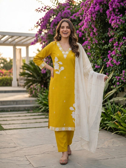 Mustard Yellow Silk Kurta Set with Floral Patchwork Embroidery, Pant & Dupatta