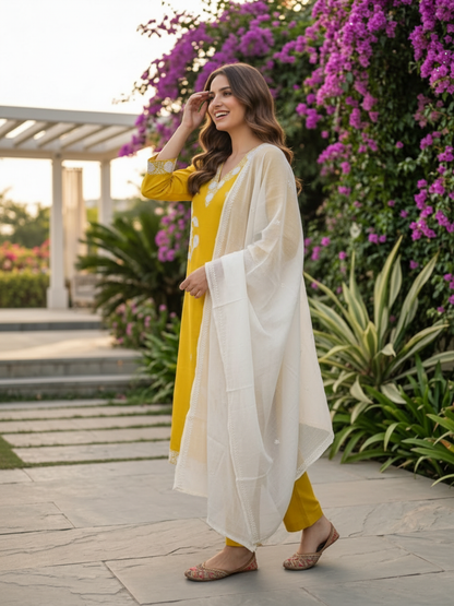 Mustard Yellow Silk Kurta Set with Floral Patchwork Embroidery, Pant & Dupatta
