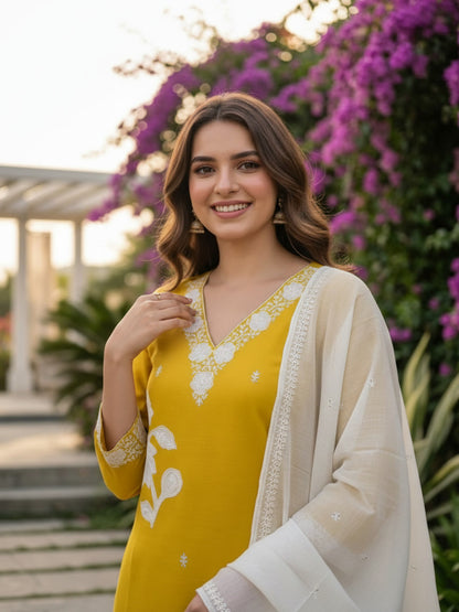 Mustard Yellow Silk Kurta Set with Floral Patchwork Embroidery, Pant & Dupatta