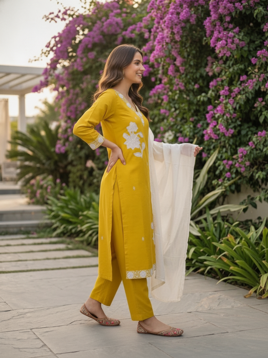 Mustard Yellow Silk Kurta Set with Floral Patchwork Embroidery, Pant & Dupatta