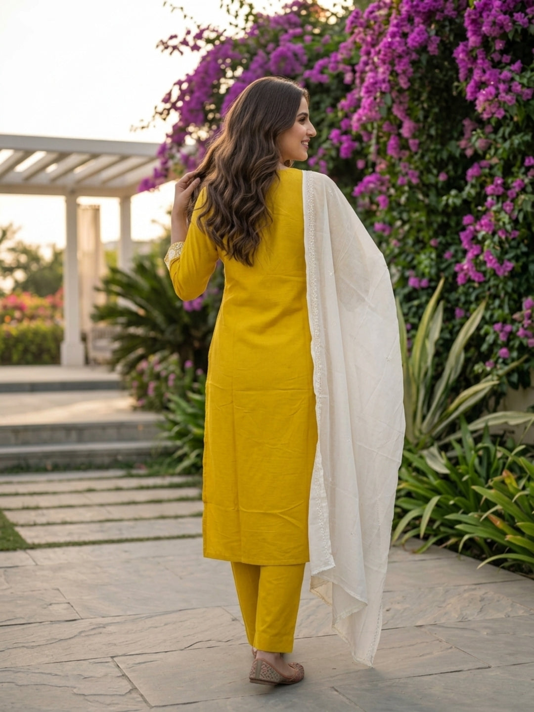 Mustard Yellow Silk Kurta Set with Floral Patchwork Embroidery, Pant & Dupatta