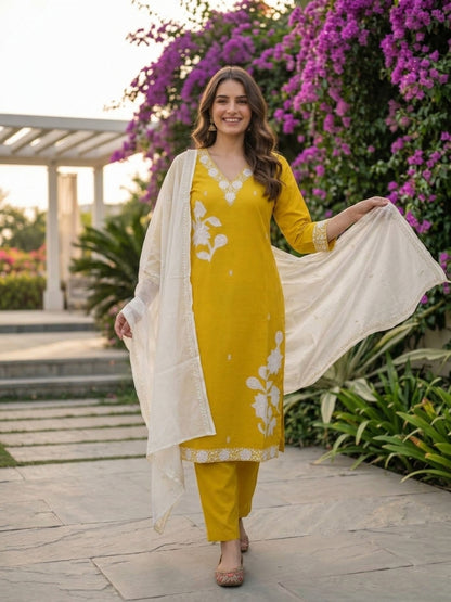 Mustard Yellow Silk Kurta Set with Floral Patchwork Embroidery, Pant & Dupatta