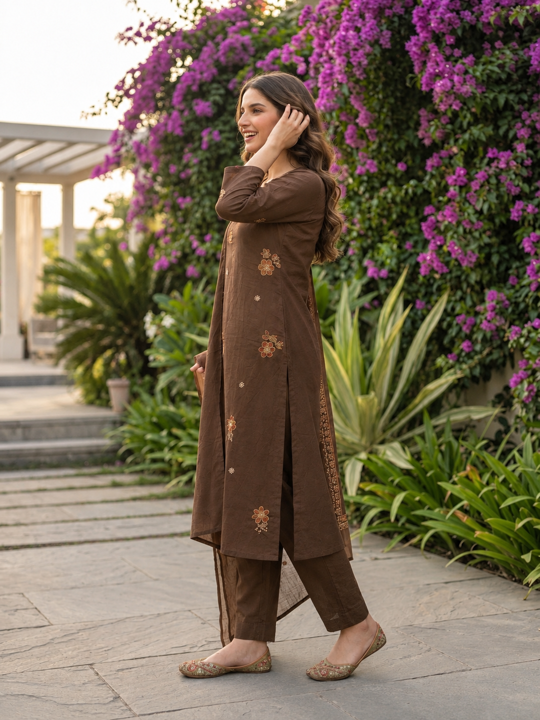 Brown Solid Cotton Straight Kurta Set with Embroidery, Scalloped V-Neck, Cotton Blend Trouser & Floral Embroidered Solid Pure Cotton Dupatta