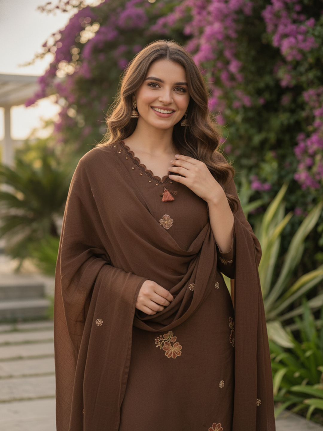 Brown Solid Cotton Straight Kurta Set with Embroidery, Scalloped V-Neck, Cotton Blend Trouser & Floral Embroidered Solid Pure Cotton Dupatta