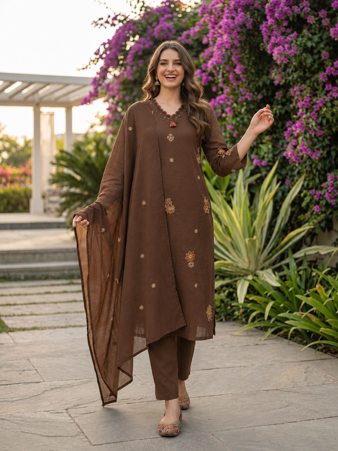 Brown Solid Cotton Straight Kurta Set with Embroidery, Scalloped V-Neck, Cotton Blend Trouser & Floral Embroidered Solid Pure Cotton Dupatta