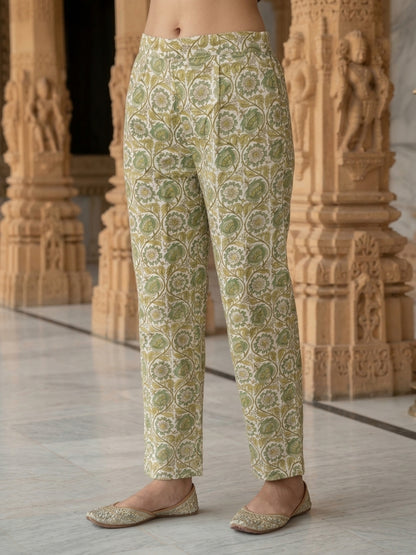 Green Floral Cotton Gathered Kurta Set with Sequin Work, Palazzo & Printed Dupatta