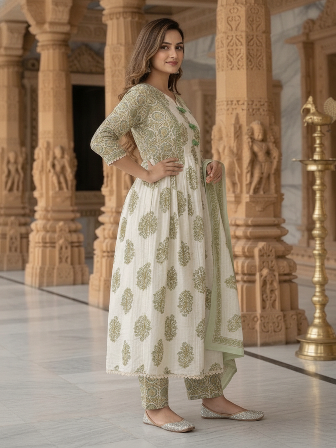 Green Floral Cotton Gathered Kurta Set with Sequin Work, Palazzo & Printed Dupatta