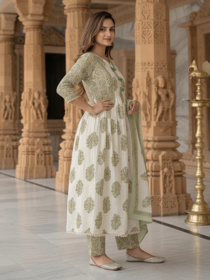Green Floral Cotton Gathered Kurta Set with Sequin Work, Palazzo & Printed Dupatta