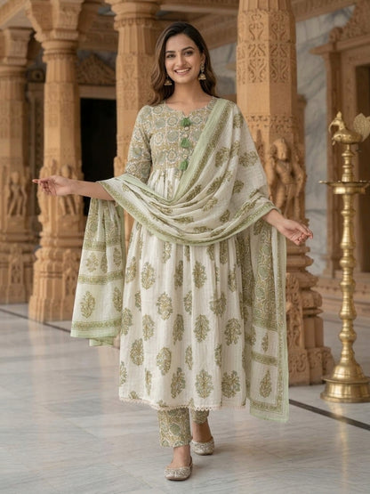 Green Floral Cotton Gathered Kurta Set with Sequin Work, Palazzo & Printed Dupatta